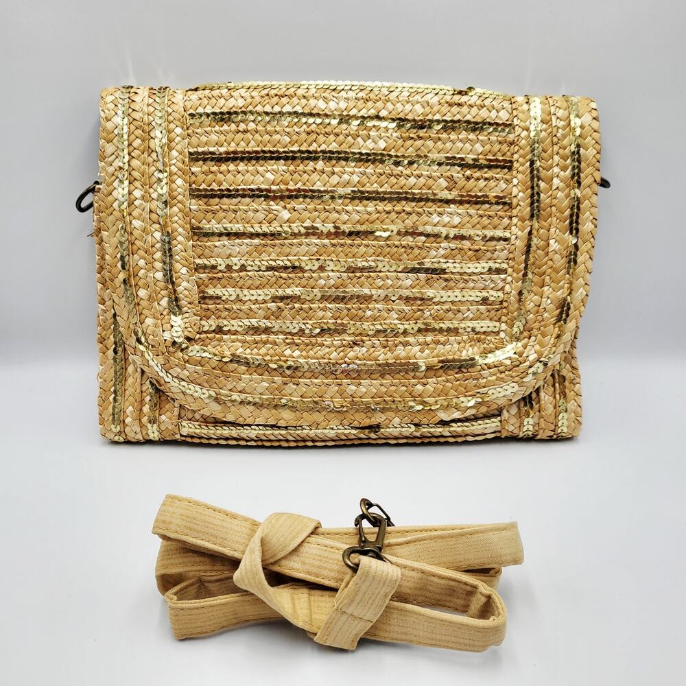 Limited Edition Woven Straw Raffia Golden Sequin Foldover Clutch Shoulder Bag